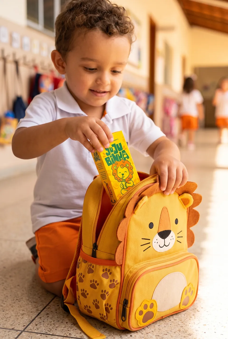 Victor guardando a caixinha Jujubinha na mochila de leão: o novo entrando na rotina