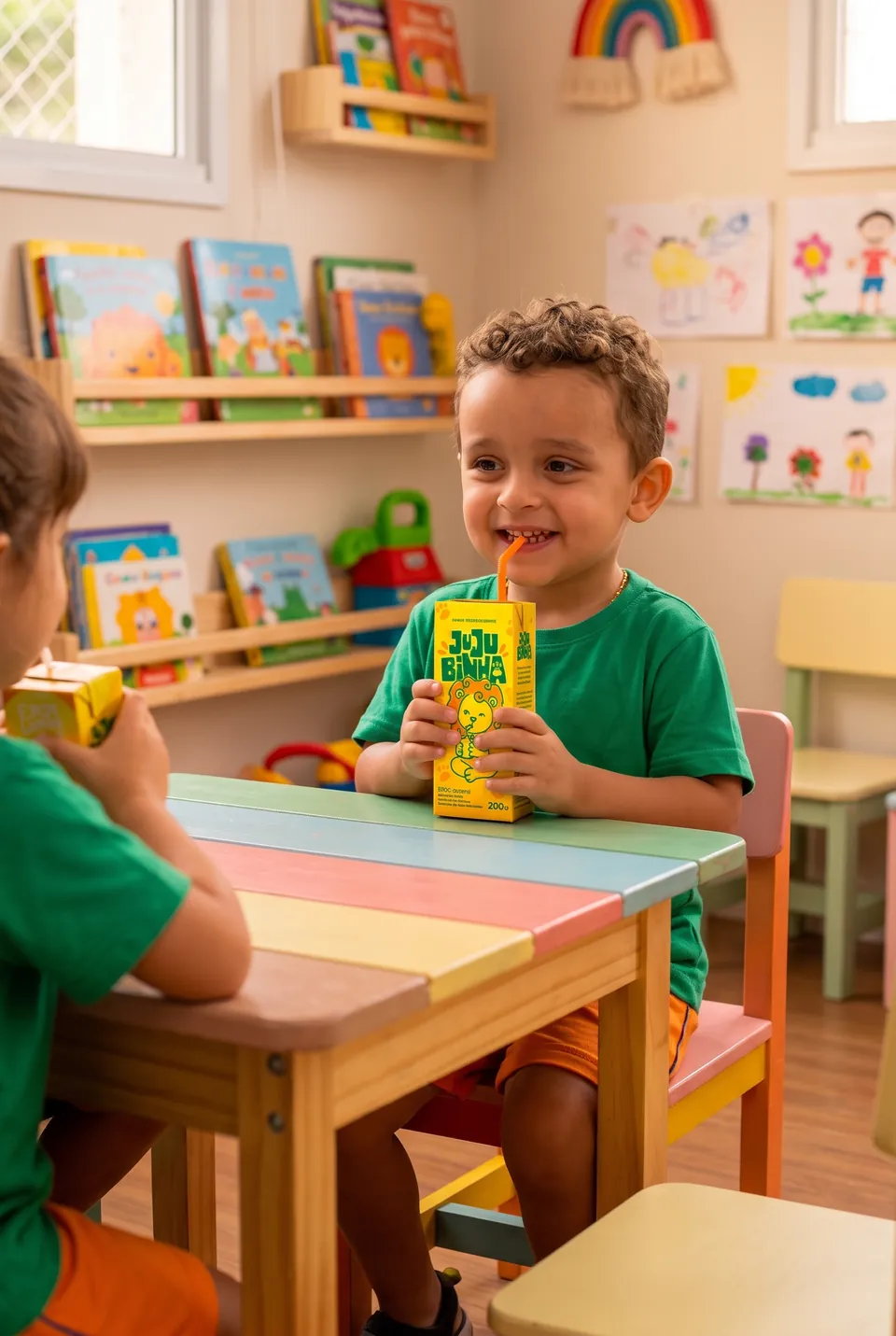 Victor tomando suco Jujubinha numa mesa colorida de sala de aula